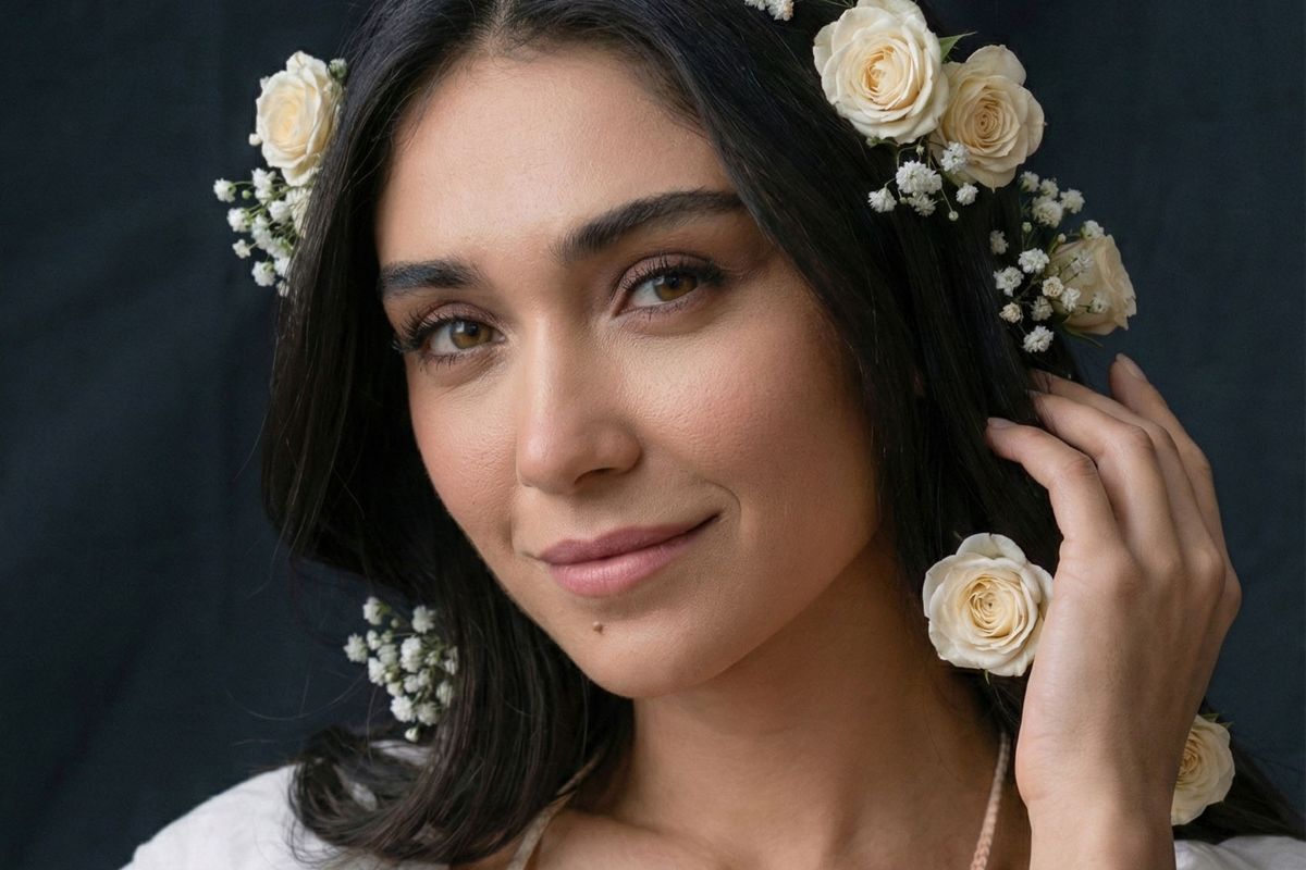 Porträtt med vit blomsterkrans i håret